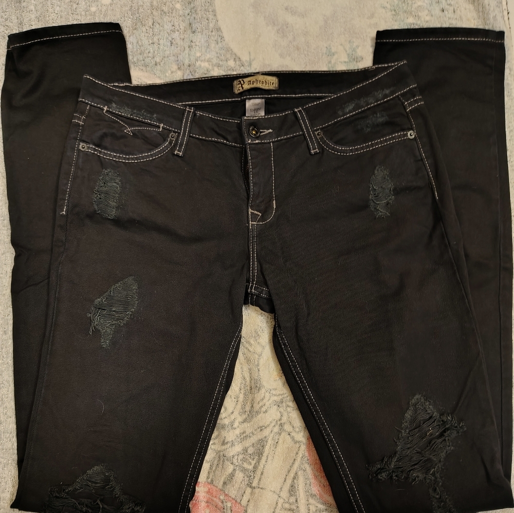 Y2K 2000s Distressed Aphrodite Black Skinny Straight Topstitched Jeans SZ 11/